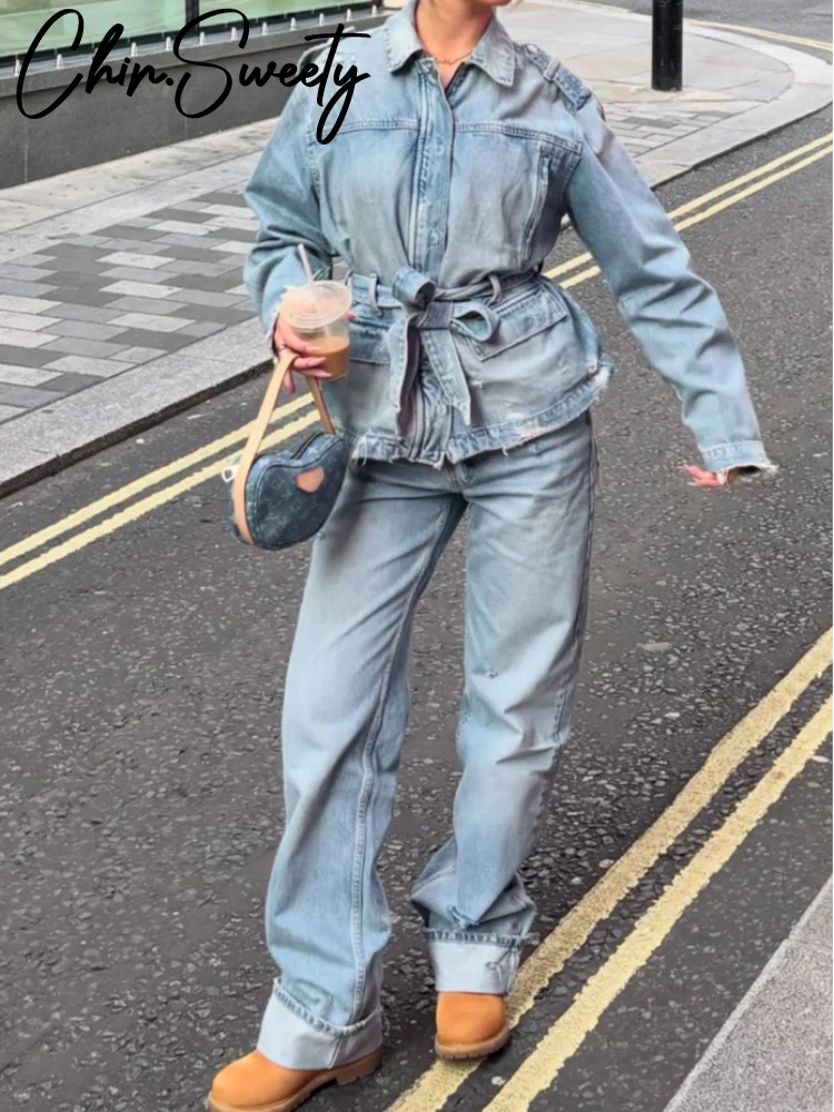 

Осень 2024, уличные джинсовые женские пальто, элегантные однобортные однобортные женские куртки с отложным воротником и длинными рукавами на шнуровке, женское пальто