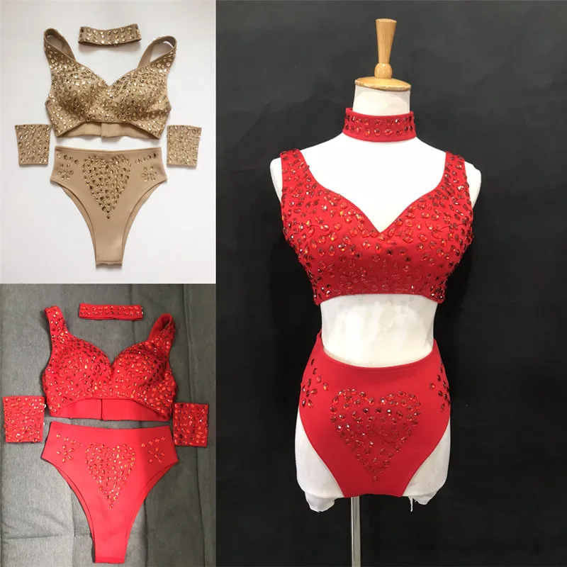 

Rhinestones Bikini Set Sexy DJ Pole Dancing Costume Nightclub Bar Dancer Crystal Stage Wear Party Rave Performance Outfit Red