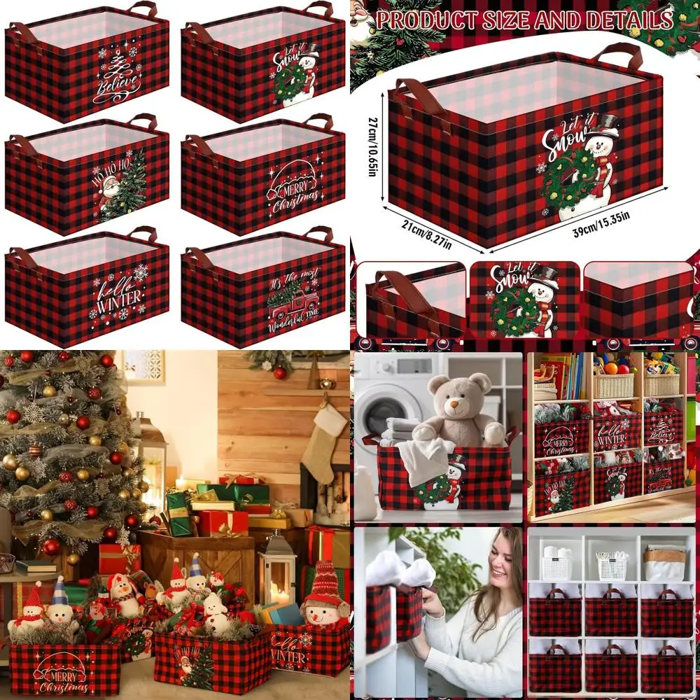 

Collapsible 6-Pack Christmas Storage Bins with Buffalo Plaid, Large Snowman Baskets for Gifts, Foldable Holiday Decor for Home a