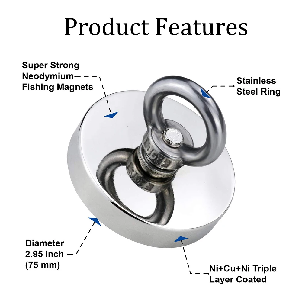 Super Strong Neodymium Fishing Magnet Hook N52 Iman Rare Earth Magnet with Countersunk Hole Eyebolt 20-60mm Salvage Magnet Hook