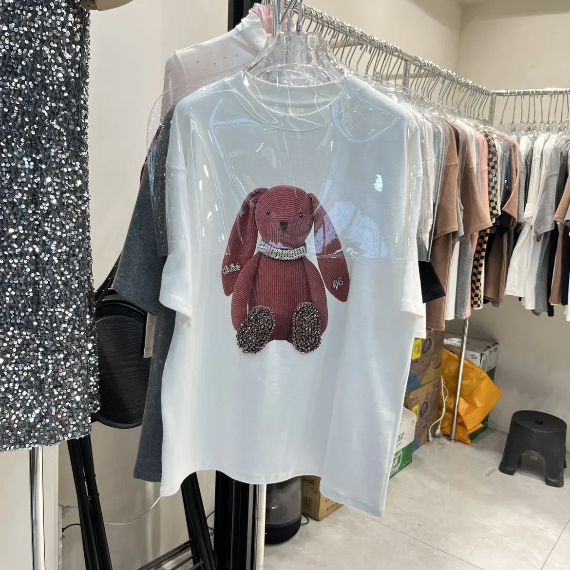 PopPopThickened Cartoon Rabbit T-Shirt Women's Winter Euro Style Loose Fit Versatile Large Size Round Neck Short Sleeves Top