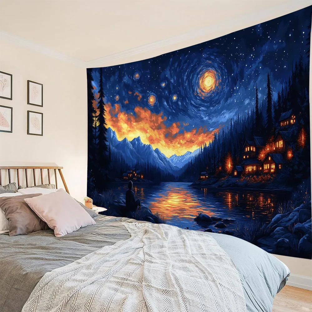 

Snow Mountain Starry Sky Landscape Art Wall Hanging Tapestry Home Bedhead Decoration Background Cloth Aesthetics Room Decoration