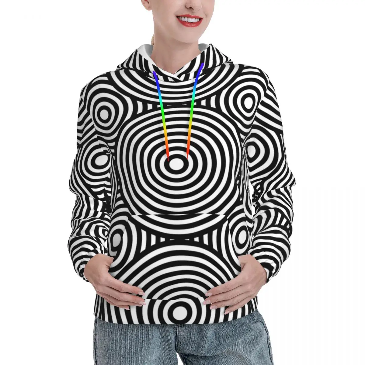 Retro Mod Circles Casual Hoodies Black And White Harajuku Hooded Shirt Autumn Long Sleeve Street Style Oversized Pullover Hoodie