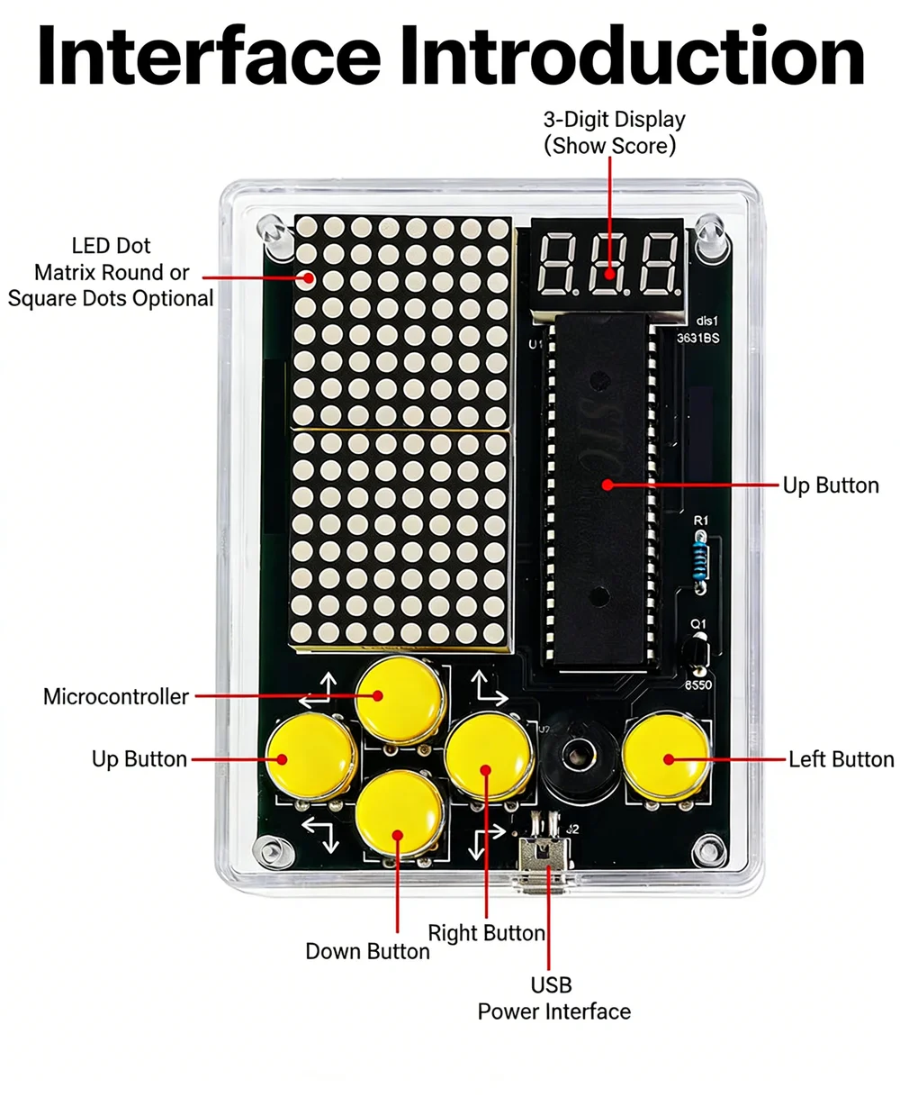 Snvi DIY Pixel-Spielkonsolen-Kit 51 MCU Tetris Puzzle Elektronisches Lötübungs-Lernset mit transparentem Gehäuse – Detail 1