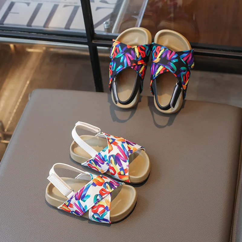 

Boys Girls Abstract Print Sandals Band Open Toe Flat Sandal with Ankle Strap Comfortable Lightweight Summer Casual Shoes 21-30