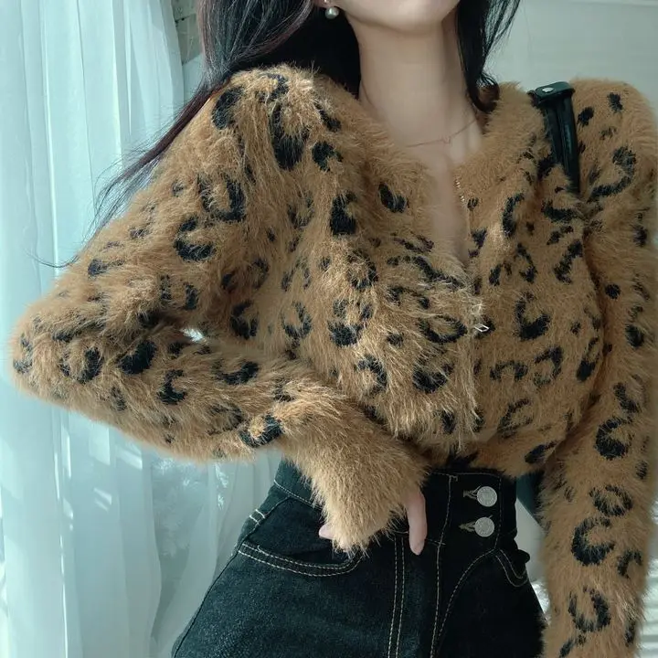 Women\'s Leopard Gothic Pullover Knitted Sweater Harajuku Korean 90s Y2k Long Sleeves Jumper Sweaters Vintage 2000s Clothes