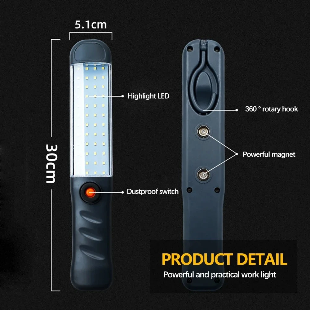 Portable Magnetic Auto Repair Work Light USB Rechargeable LED Flashlight With Magnet Hook For Car Repair Fishing Emergencies
