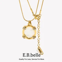 E.B.belle Rhinestone Mirror Face Shell Pendant Necklace Stainless Steel 18K Gold Plated Waterproof Hypoallergenic Jewelry Gift