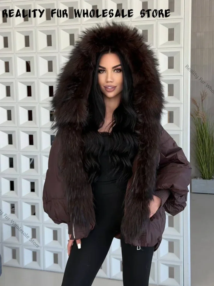 White Duck Down Coat Women Real Fur Jacket Thicken Warm Puffer Jacket Hooded Knitted Sleeve Mid Long Parka New Winter Large