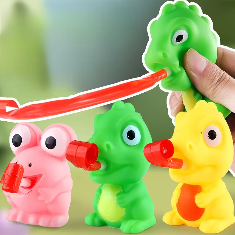 Niedliche Frösche und Dinosaurier kleben Ihre Zungen heraus, kneten, machen Musik, Stress ab, Spielzeug, Geschenke, Büro, Dekompression, Kawaii-Puppen