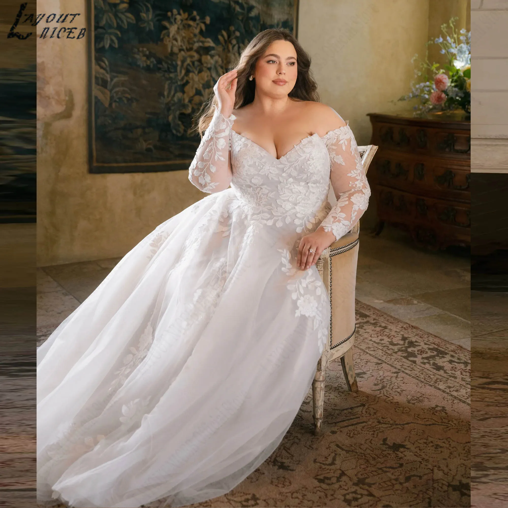 Romante Tulle Ballgown Lace Appliques Sweetheart Off Shoulder Wedding Dress for Bride Elegant A-line vestido de novia Customized