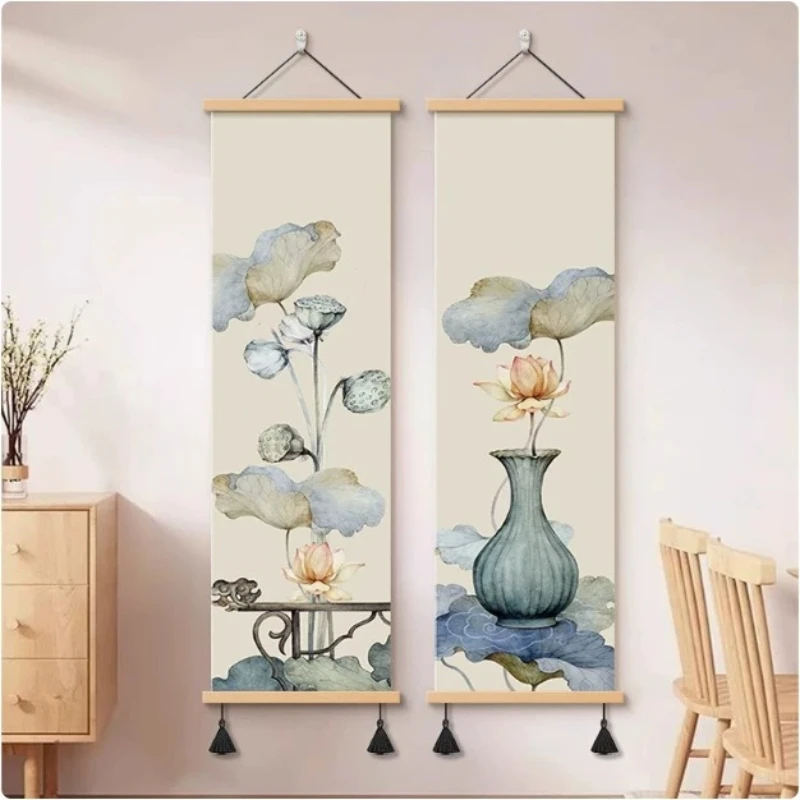 Wall Art White Lotus and Ink Wash Mountains Chinoiserie Pearlescent Canvas Hanging Scroll with Wooden Rods for Hallway