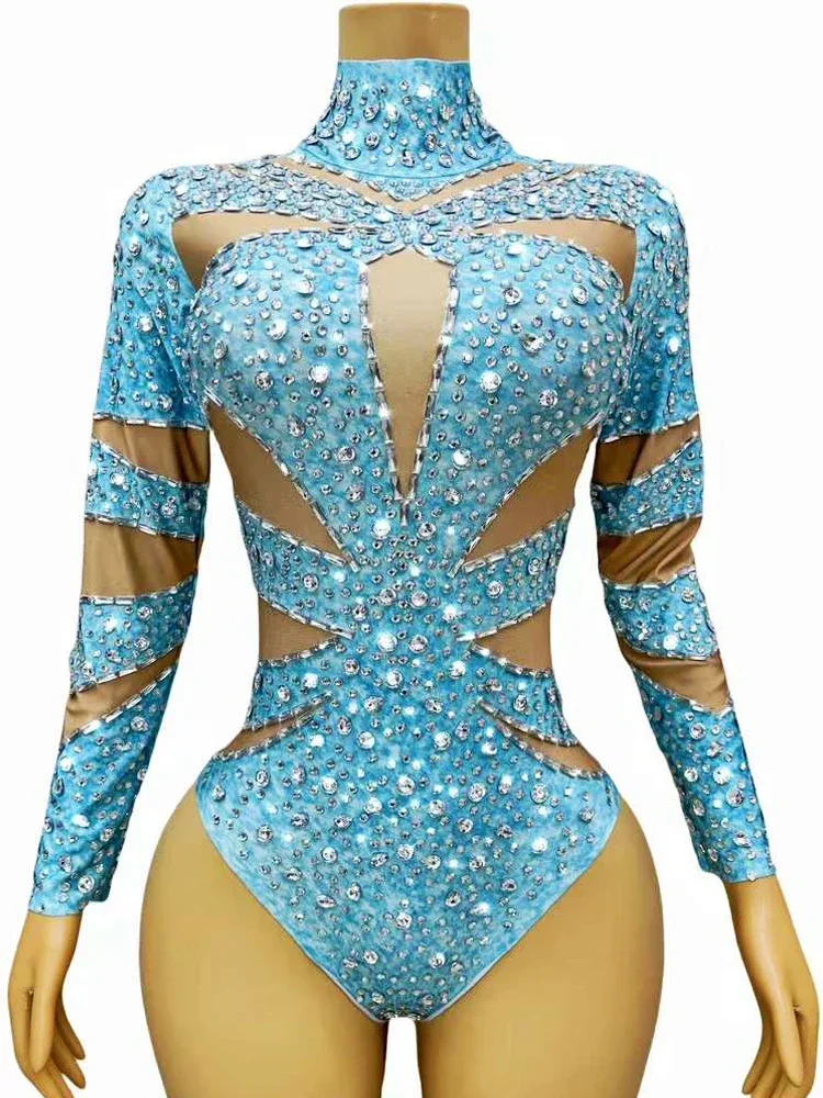 

Party Club long Sleeves Jumpsuit Carnival Parade Photo Shoot Wear Show Stage Costume Sexy Elastic Light Blue Women Bodysuit