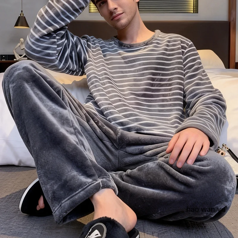 Plus Size Autumn and Winter Pajamas Men Korean Version Striped Long-Sleeved Nightwear Homewear Set Coral Fleece Sleepwear