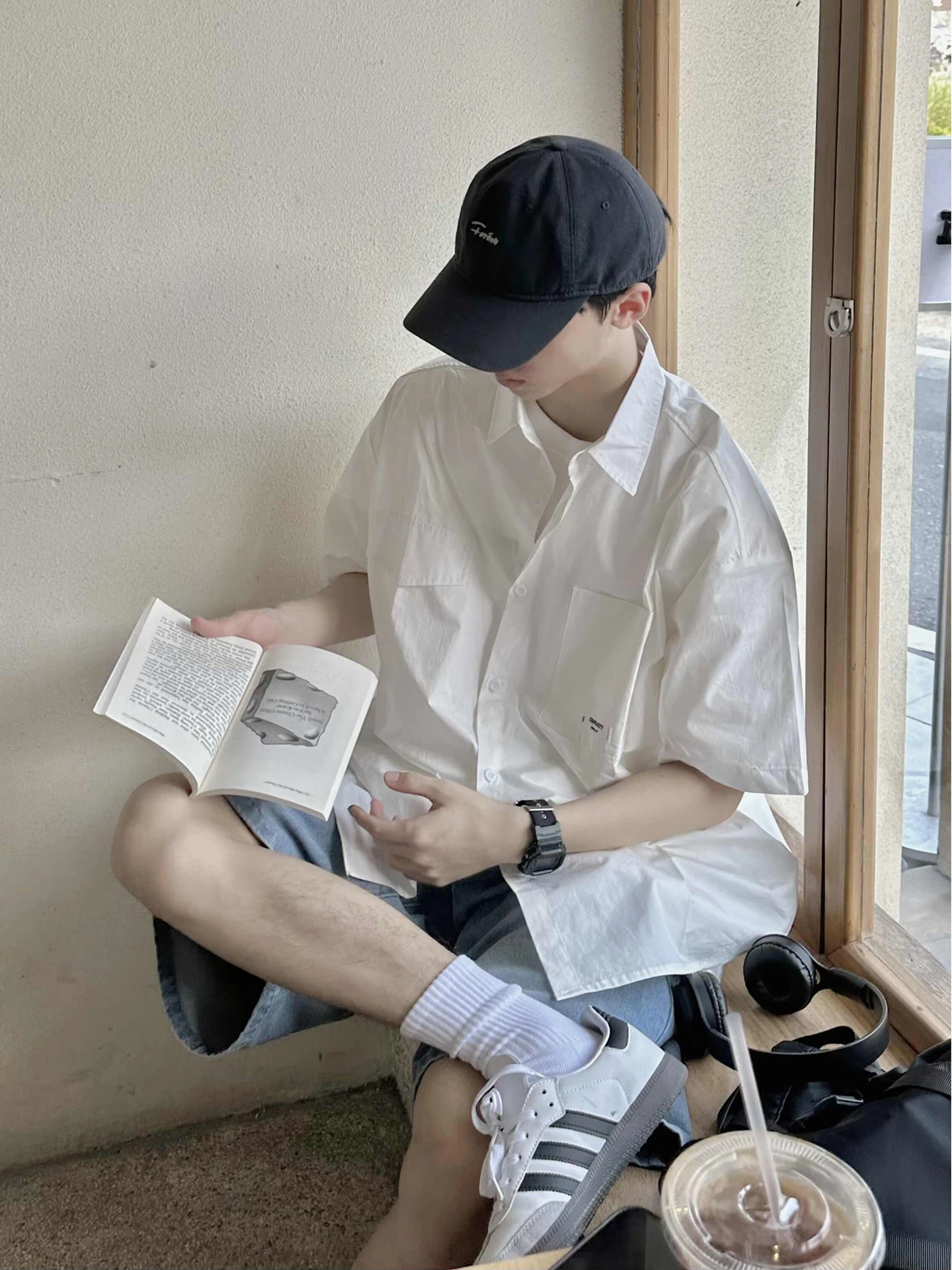 

Casual ort Sve irt Men Summer y Thin Five-Quarter Sve Workwear Cotton Polyester Blend Youth Faion Loose Fit