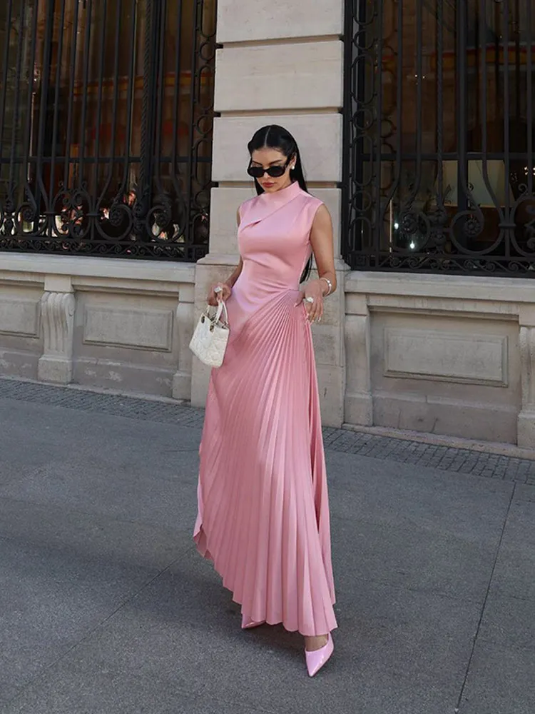 Pink Irregular Pleated Split Wrap Waist Maxi Dress Women Half High Collar Sleeveless Slim Vestidos Female Evening Evening Gown