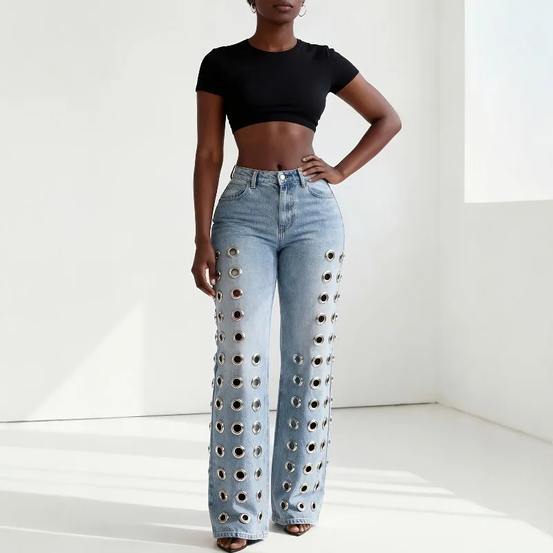2026 European and American High-waisted Wide-leg Jeans Women's Metal Ring Hollow Straight Mopping Pants Foreign Trade Hot  Jeans
