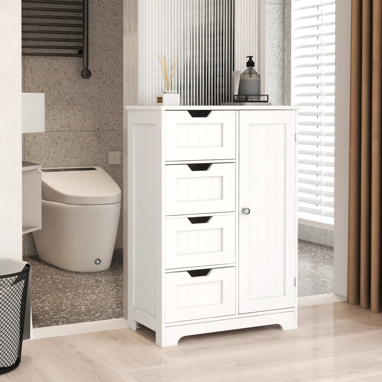 White Floor Storage Cabinet with Adjustable Shelves, 4 Drawers & 1 Door