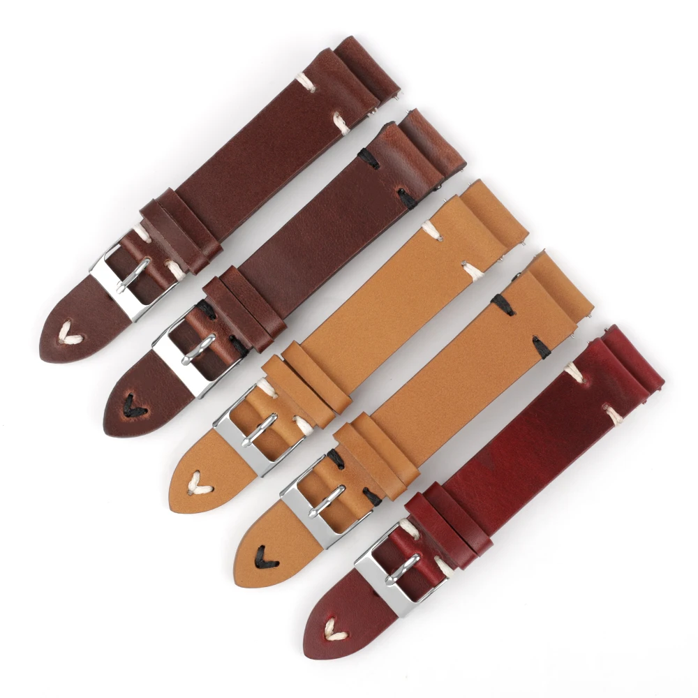 Vintage Genuine Leather Watchband 17mm 18mm 20mm 21mm 22mm Oil Wax Cow Leather Handmade Stitching Watch Strap Replacement Belts