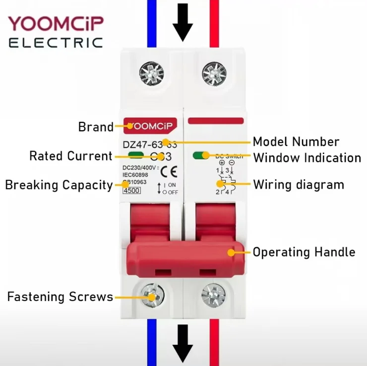 Yoomcip Air Switch Miniature Circuit Breaker DZ47 2P DC Household 6/10/16/20/25/32/40/50/63a Air DC Switch DZ47 breaker