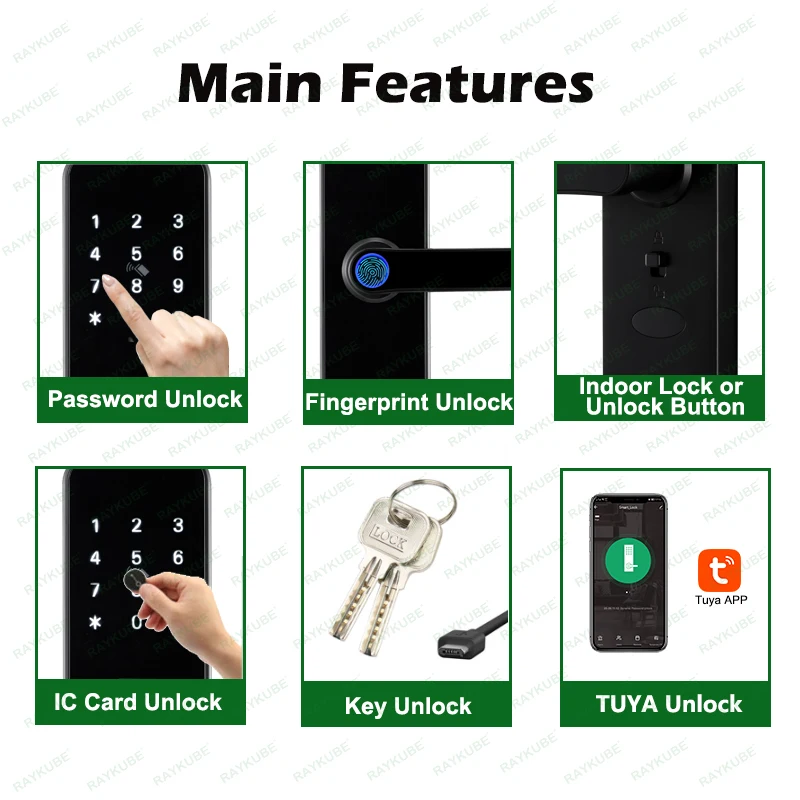 RAYKUBE K8 Tuya Wifi Smart Door Lock Fingerprint Lock Digital Electric Lock With Longer Larger Handle Panels Doorbell APP Unlock