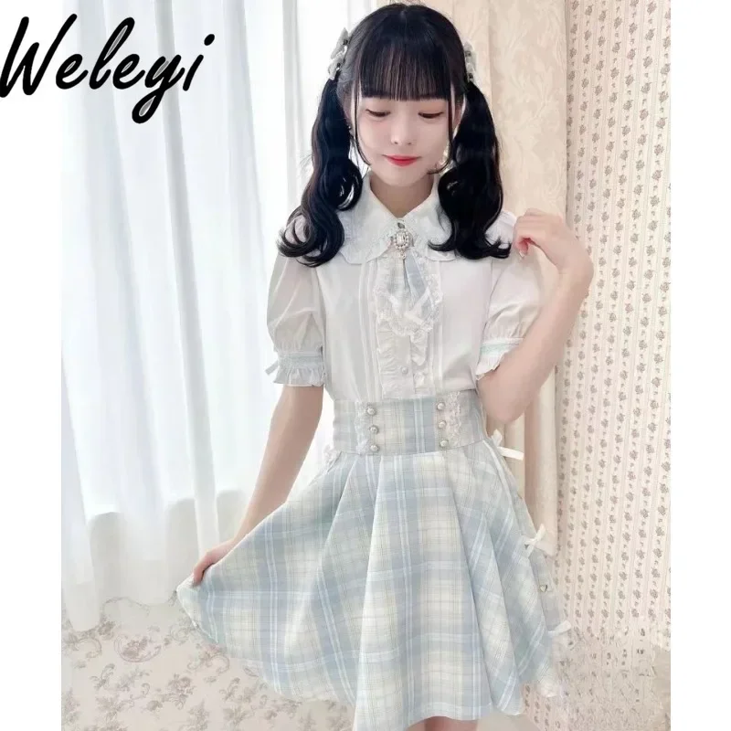 Jirai Kei Clothes Ropa De Mujer Tie Bow Shirts Kawaii Tops Y2k Skirt Summer New in Japanese Fashion Love Student Jk Uniform Suit