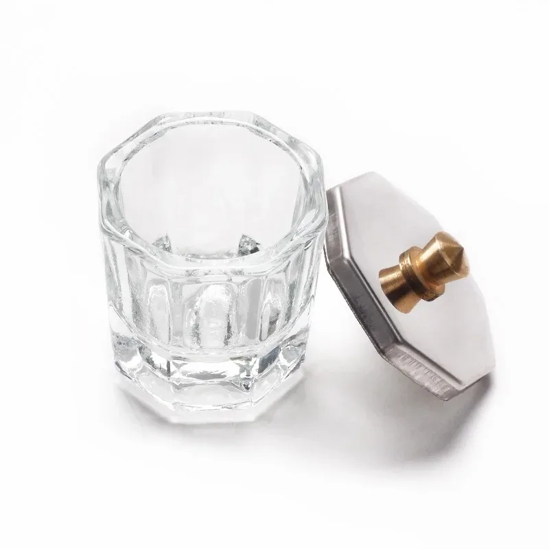 Nouvelle optique verre cristal anti-volatilisation plat tasse avec couvercle octogonal en métal, outils d'art des ongles, ongles acrylique monomère conteneur liquide