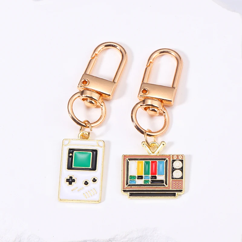 Retro Vintage Alloy Enamel Pendant Keychains Game Machine TV Keyrings Ornaments For Backpack Car Key Earphone Box Men Boys Gifts