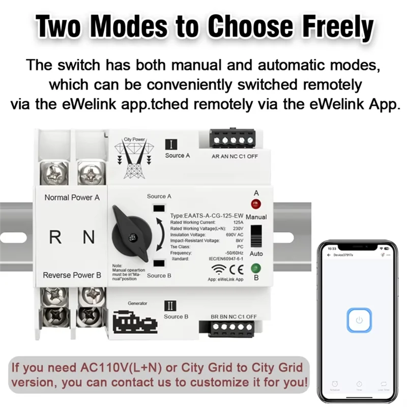

ATS Ewelink Wifi Smart Dual Power Automatic Transfer Electrical Selector Switch Uninterrupted Power Supply 125A