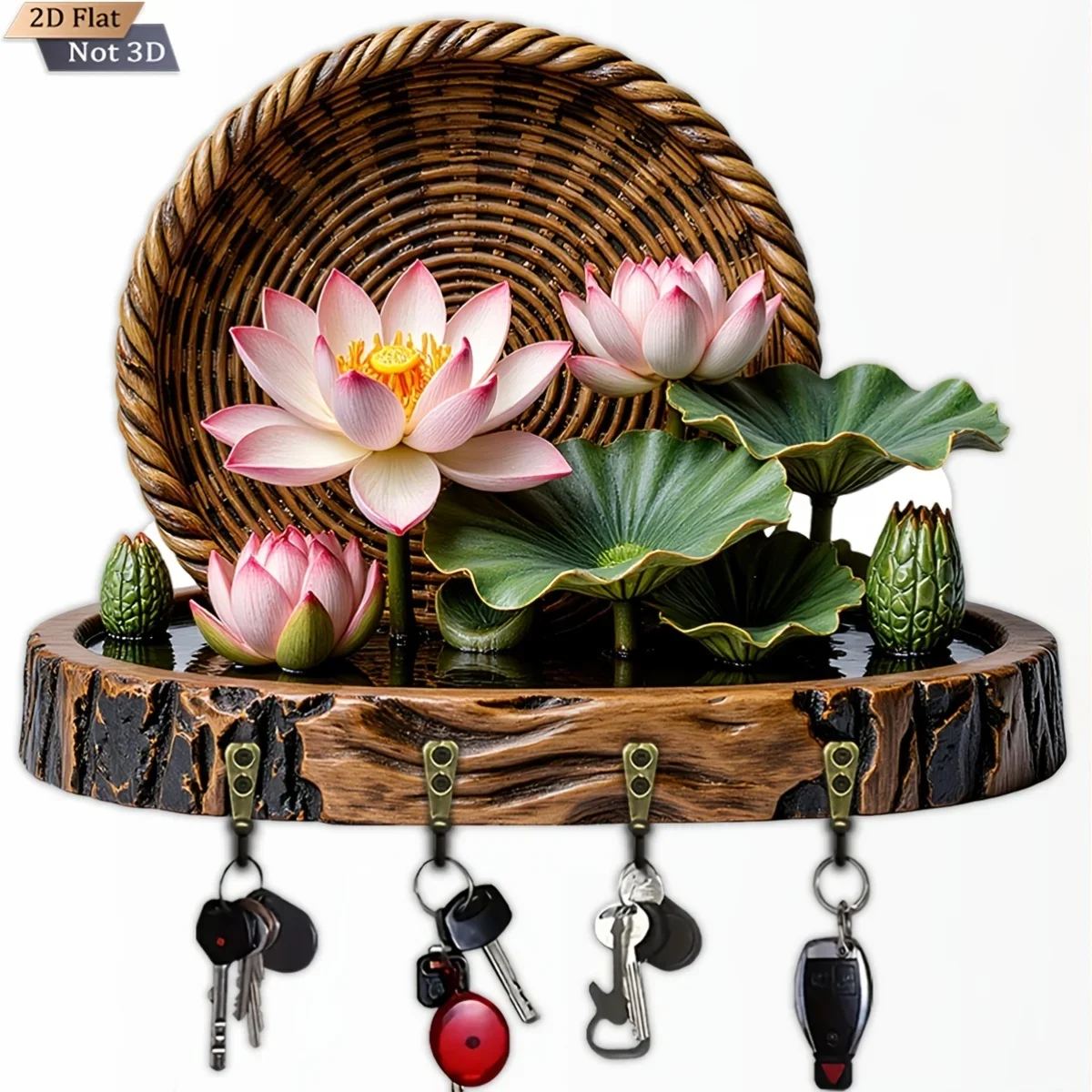 2D Flat, 1pc, Lotus Weaving Key Hook Wooden Multifunctional Home Key Rack with Four Metal Hooks, Wall Decoration, Porch
