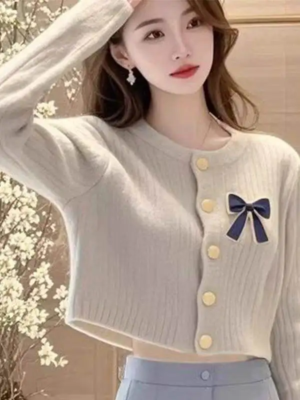round Neck Bubble Sleeve Knitted Sweater Women's Inner Wear Base Shirt with  Knot Short Style for Autumn W...