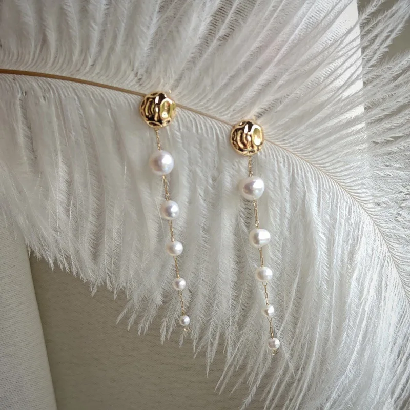 White Natural Pearl Mid-length Tassel 925 Sterling Silver Needle Statement Basic Earrings Stud Earrings Valentines Day Earrings