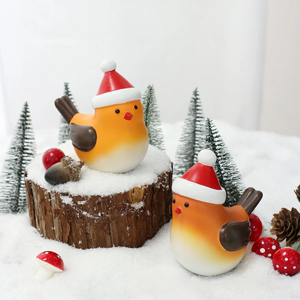 

2pcs Christmas Hat Couple Bird Statue - 3.58 inch resin cute bird sculpture wearing hat, Christmas animal statue