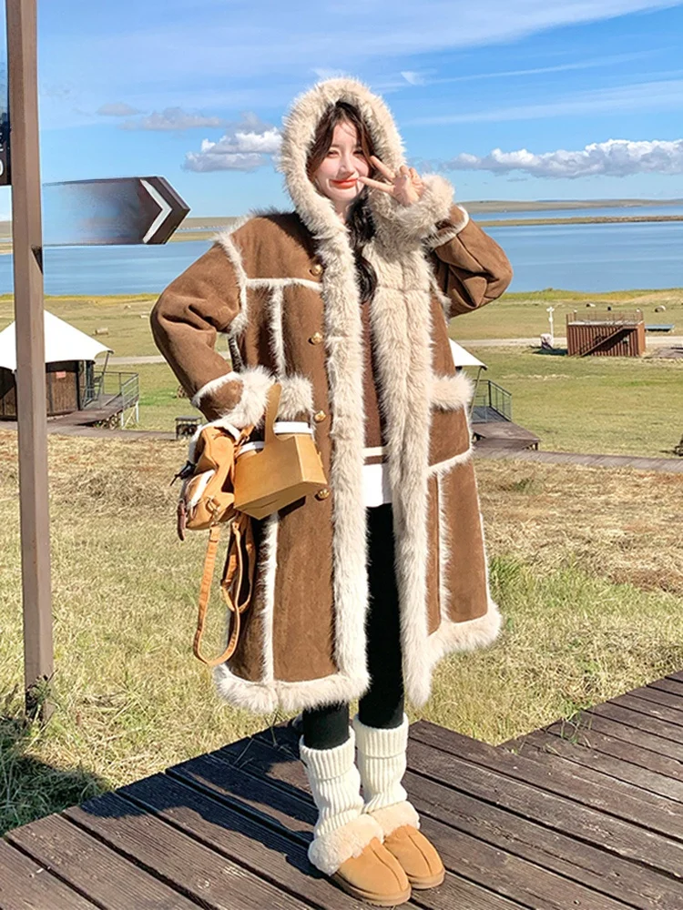 

Thiened Plu Lamb Fur Coat Women's Long Sle Autumn Winter New Faion Warm Woolen Outerwear Inteated Leather And Fur