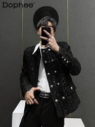 Fashionable Jacket Men's Winter High-End Short Double-Breasted Collarless Wide-Shoulder Jacket Men's Sequined Temperament Top