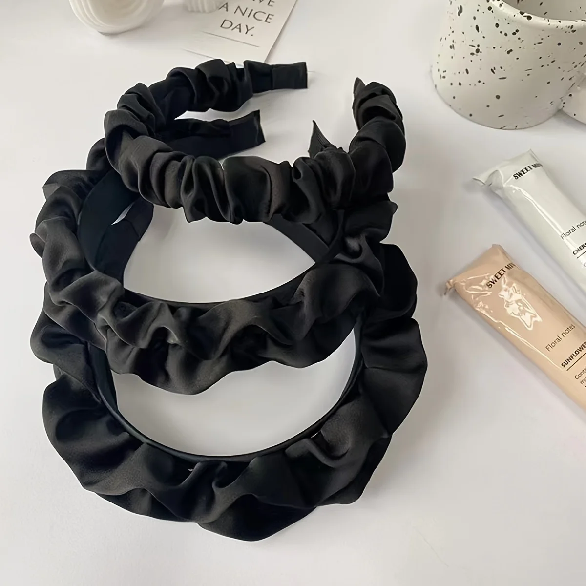 Black large headband Premium satin pleated headband