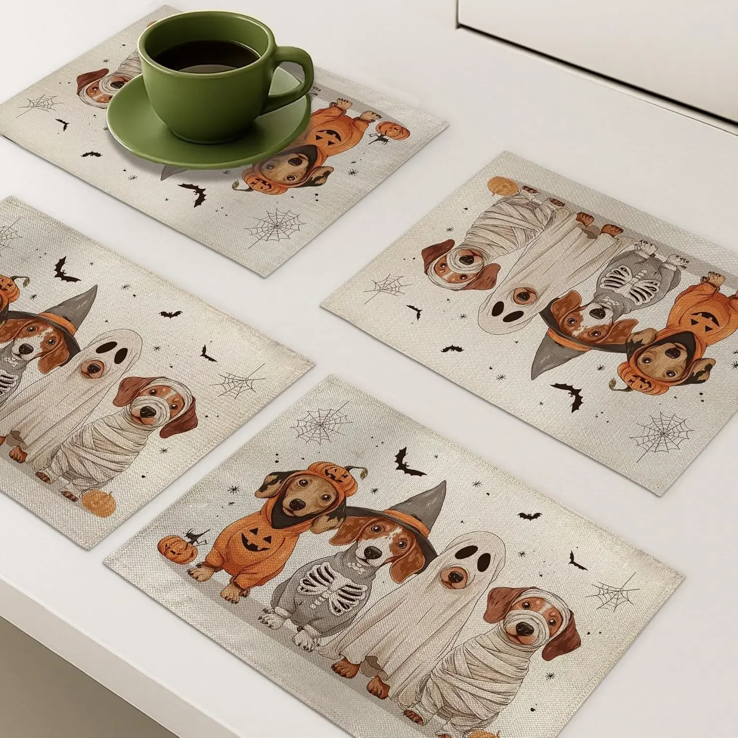 Halloween Dog Placemats, Beige Cute Puppy Design Table Mats for Fall Decor, Non-Slip Washable Indoor Outdoor Party Decorative