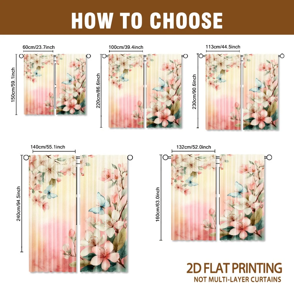 blooming flowers and butterflies polyester overlock curtains, with pole-mounted design suitable for living rooms and study rooms