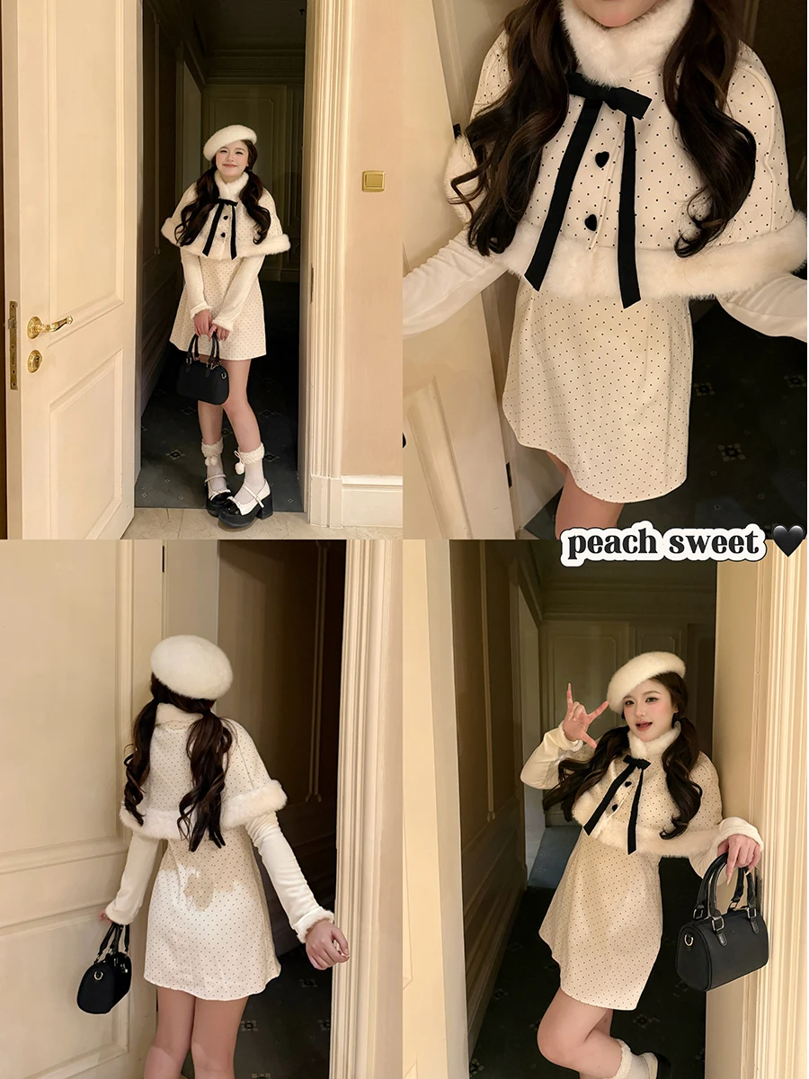 

Sweet Polka Dot High Waist Bridesmaid Dress with Cowl Neck And Belt Loose Fit A-Line Skirt Long Sleeve Winter Casual Wear