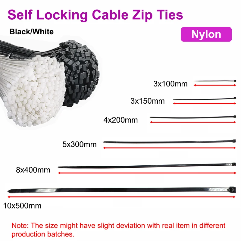 

Plastic Cable Zip Ties Self Locking 100/150/200/300/400/500mm Wire Binding Straps DIY Cable Fastener Organiser Nylon Cable Tie