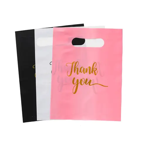 50pcs PE Shopping Bags with "Thank You" Print Foldable Plastic Bags for Gifts Jewelry Accessories Packaging Shopping Handbags