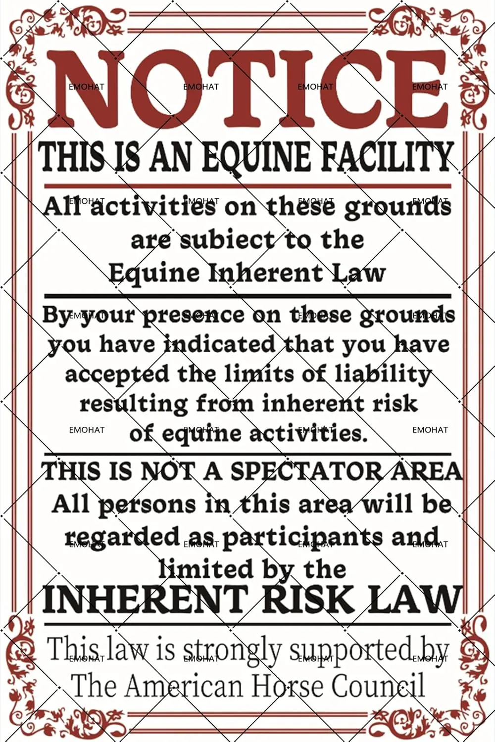 EMOHAT Metal Tin Sign Equine Liability Warning Statute Horse Metal Signs Horse Barn Stable Farm Indoor Outdoor Caution Safety Si