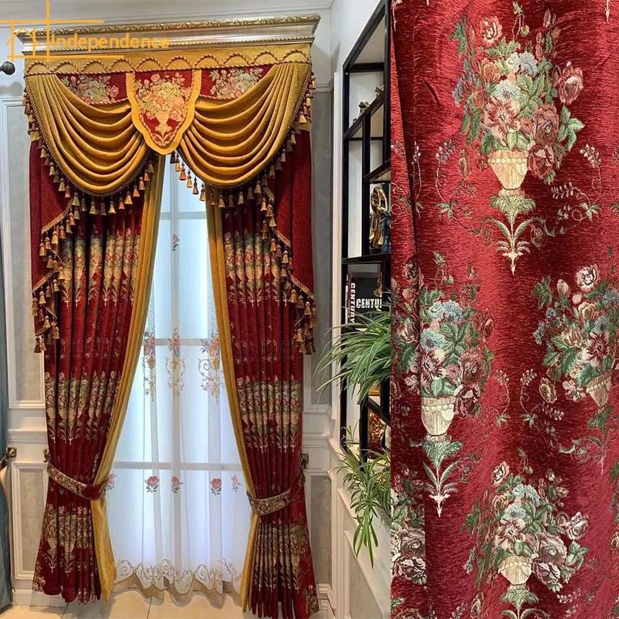 

High Grade Wine Red Chenille Thickened Jacquard Blackout Curtains for Living Room Bedroom French Window Customized Valance