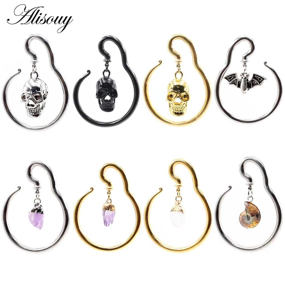 Alisouy 2PCS Stainless Steel Skull Stone Bat Snail Ear Hook Weight Expander Stretcher Plugs Gauges Earring Body Piercing Jewelry