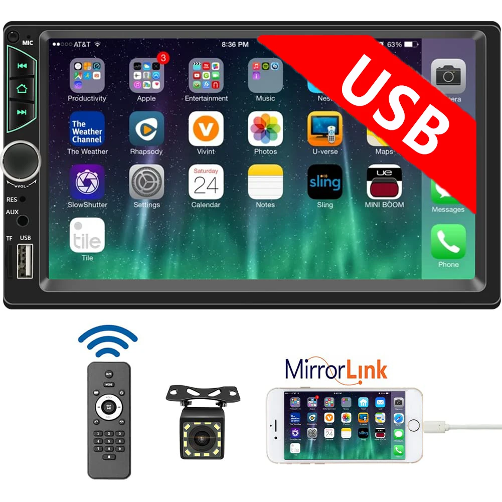 7 Inch Car Stereo 2 Din HD Touchscreen Car Radio Receivers with Backup Camera Mirror Link Bluetooth MP3/MP4/MP5 Player