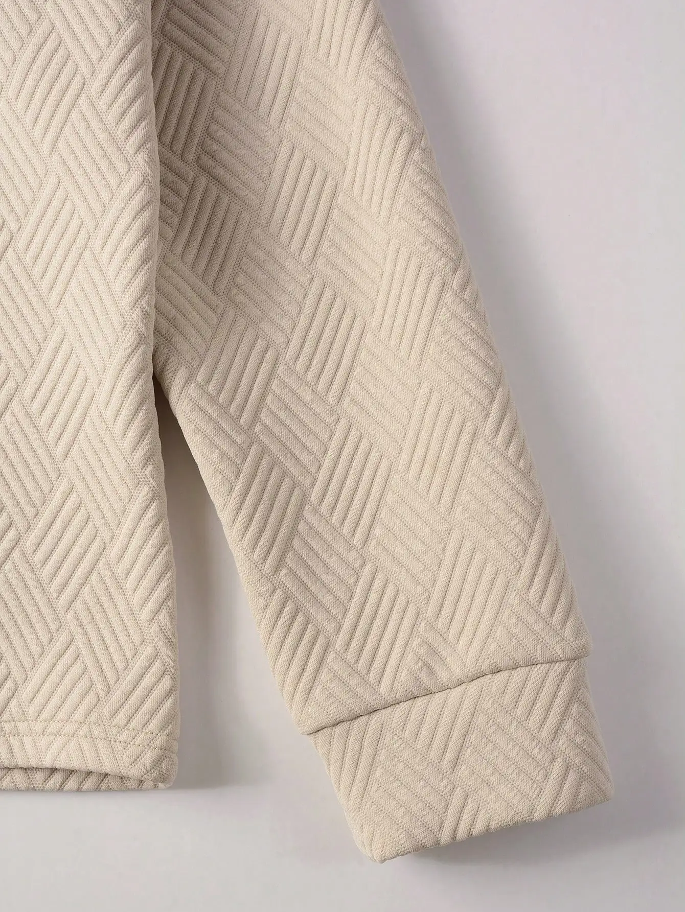 Men's Beige Textured Diamond Pattern Long Sleeve Polo Shirt, Casual Business Wear