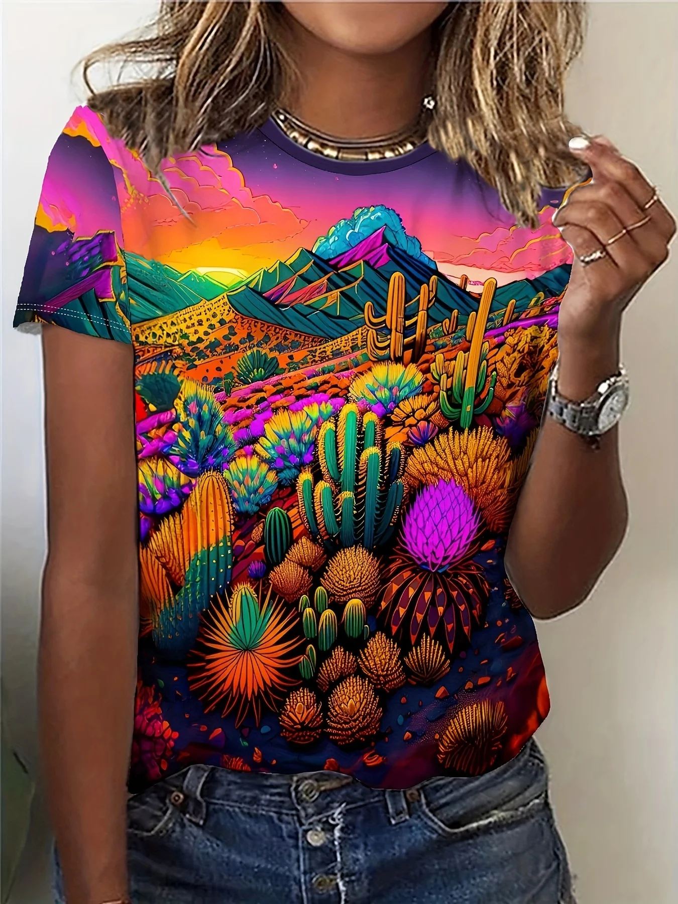 Summer New Cactus Print T-shirts For Women's Plus Size Female Shirt  Crop Top Women's Clothing Oversized T shirt Desert Graphic