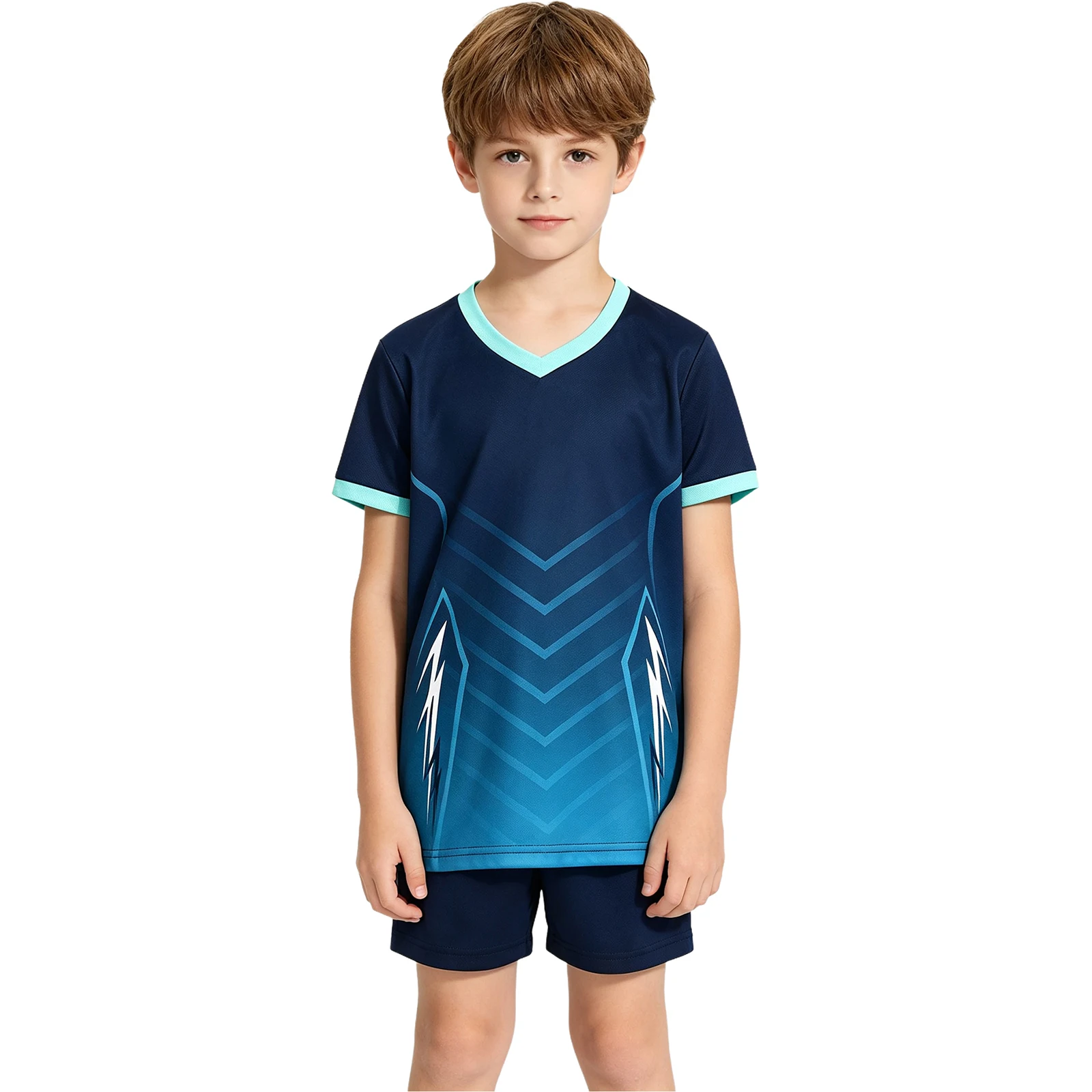 Kids Boys Girls Quick-dry Soccer Uniform Kit Short Sleeve V-neck Printed Contrast Color Jersey with Drawstring Shorts Set view 2