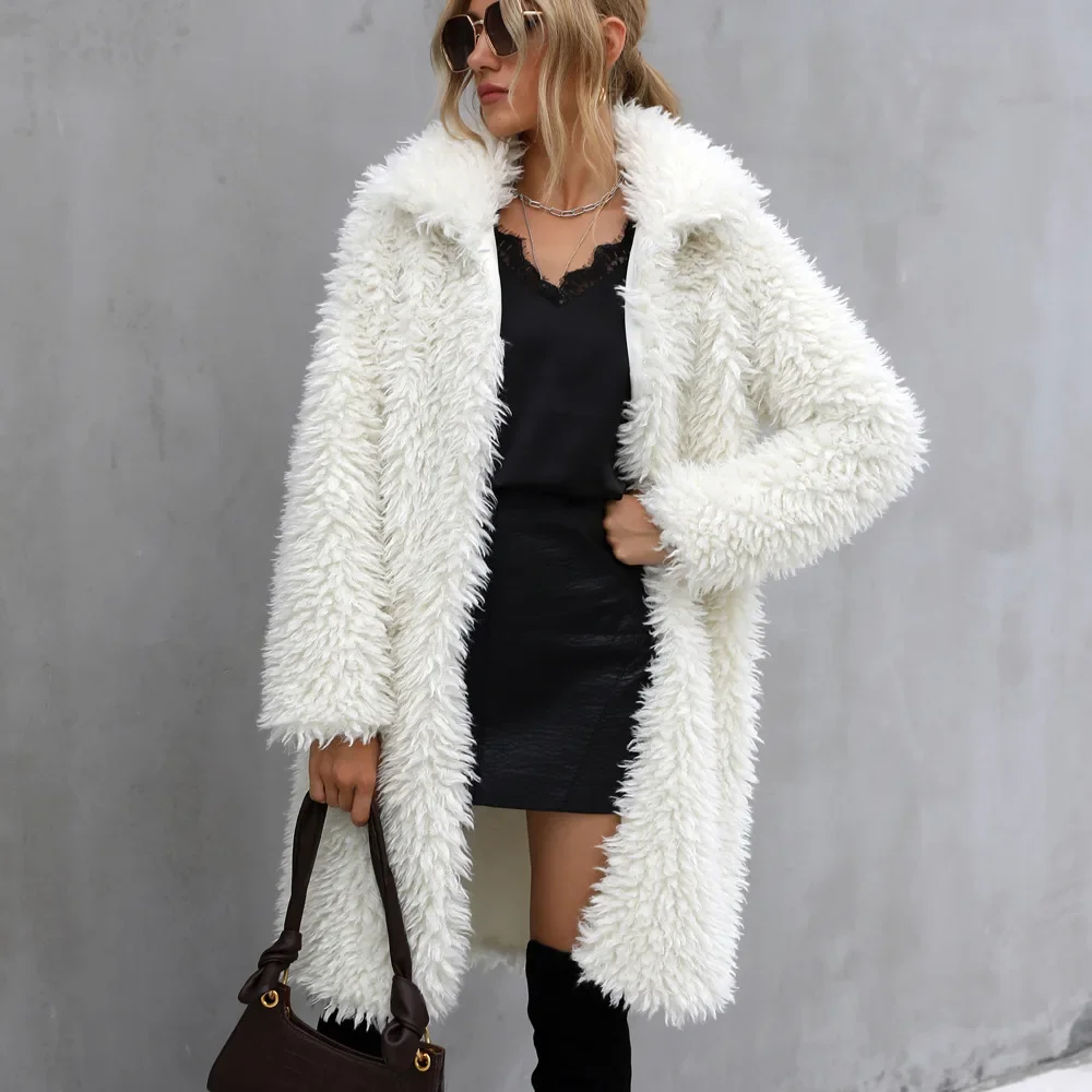 

Women Winter Eco Fur Jacket Comfotable Fluffy Suit Collar Thick Faux Fur Coat For Lady Long Over The Knee Female Faux Fur Coat