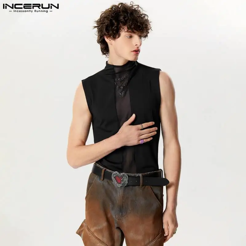 Men Tank Tops Mesh Patchwork Transparent Turtleneck Sleeveless Summer Casual Vests Streetwear 2024 Fashion Men Clothing INCERUN